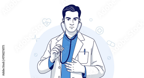 Medical Professional Inspecting Using Stethoscope and Providing Health Treatment