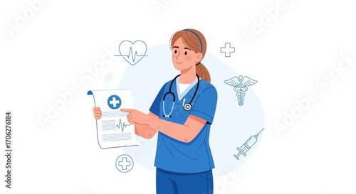 Medical Professional: Nurse Presenting Report with Health Symbols, Healthcare Illustration