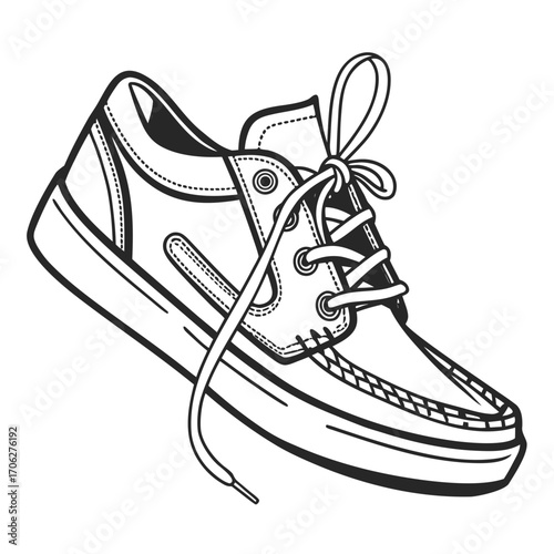 A simple black and white line art illustration of a single canvas sneaker with laces tied in a bow on a white background