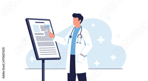 Medical Professional Presenting Data on a Digital Display in a Healthcare Illustration