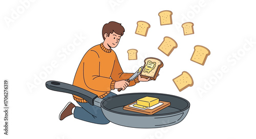 Person Preparing Breakfast, Toasting Bread, Smearing Butter, Cooking With Frying Pan