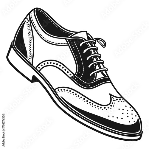 Classic black and white illustration of a traditional wingtip brogue oxford shoe with intricate perforations and laces