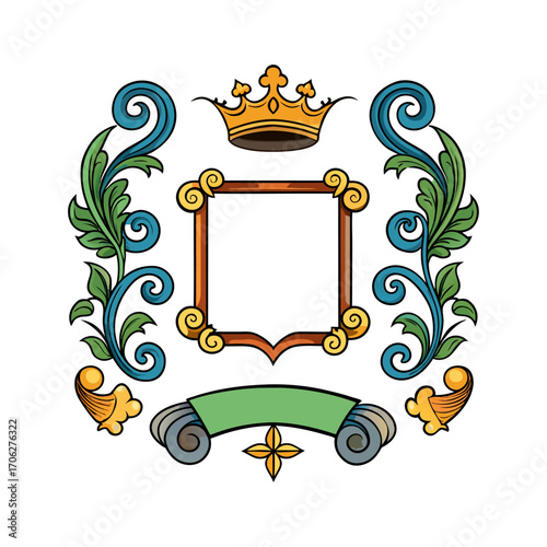 Heraldic crest with crown and floral ornament vector design