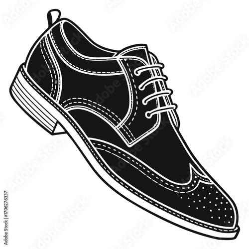 Classic black and white illustration of a men s wingtip brogue shoe with detailed stitching and perforations on a white background
