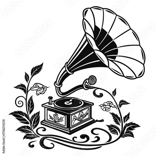 Vintage gramophone with ornate floral decorations and swirling vines creating a classic and elegant musical motif