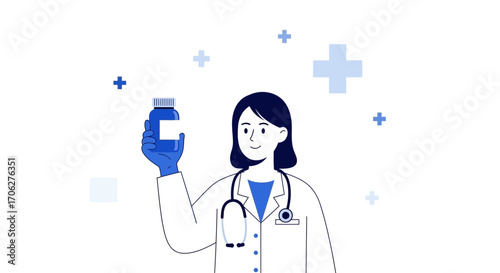 Medical Professional Presenting Prescription Medication Bottle in Modern Clean Illustration
