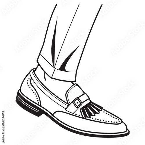 Close up illustration of a man s leg wearing stylish cuffed trousers and a classic black leather loafer shoe with fringe and buckle detail
