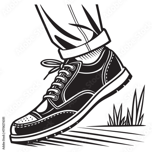 Close up of a person s foot wearing a stylish black and white oxford shoe stepping onto a patch of grass with rolled up pants