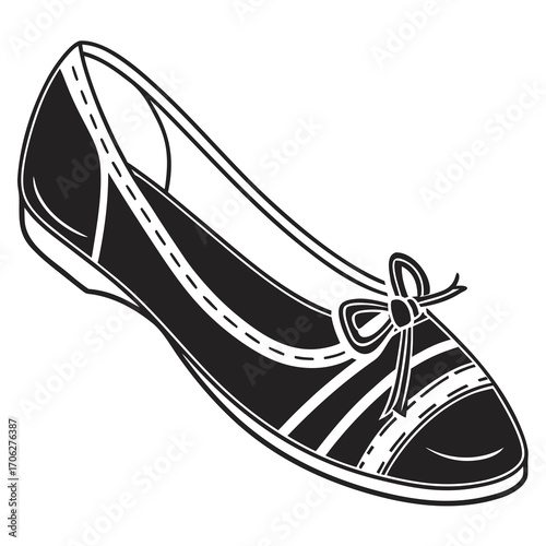 A stylish black and white illustration of a single ballet flat shoe with a decorative bow and stitched detailing on a clean white background