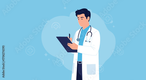 Medical Professional Recording Information in Modern, Clean Artistic Illustration