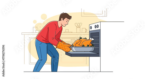 Person Preparing Holiday Dinner Removing Roasted Turkey From The Oven In The Kitchen