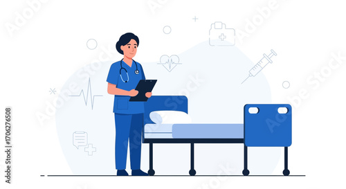 Medical Professional Standing Near Hospital Bed Analyzing Health Records Illustration