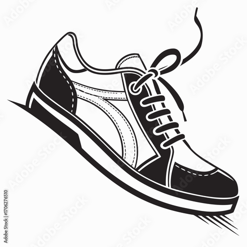 Dynamic black and white illustration of a sneaker in motion with laces flying representing speed and athleticism