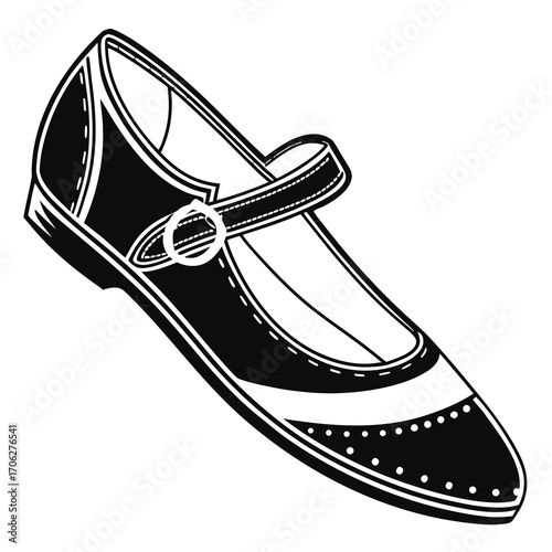 Classic black and white illustration of a single mary jane shoe with a strap and buckle featuring decorative stitching and perforated detailing on the toe