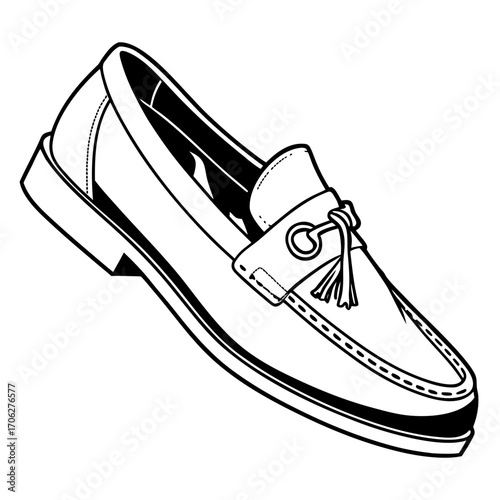 Elegant black and white line art illustration of a classic men s tassel loafer shoe with a decorative metal ring and fringe detail