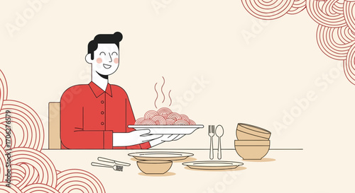 Person Presenting Pasta Plate with Tableware and Decorative Background Elements