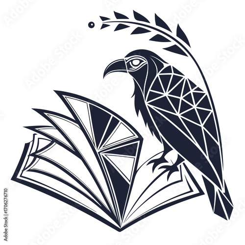 Stylized dark silhouette of a geometric bird perched on an open book with a branch above symbolizing knowledge and wisdom