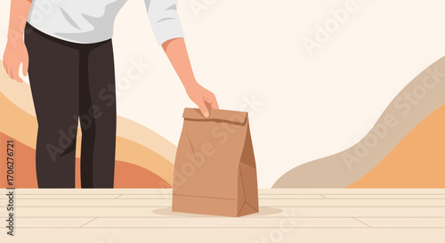 Person Reaching For Brown Paper Sack In Modern, Minimalistic, Pastel Tones, Simple