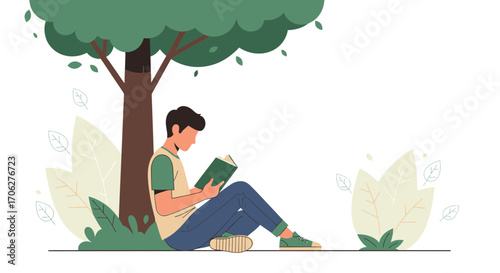 Person Reading Book Silhouette Under Tree Relaxing In Nature With Vibrant Green Leaves Scene