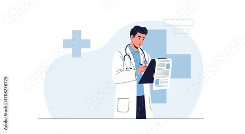 Medical Professional Writing on a Clipboard, Focused and Concentrated on his Task
