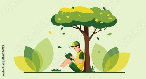 Person Reading Book Under Tree In Nature Environment Illustration Vectorial