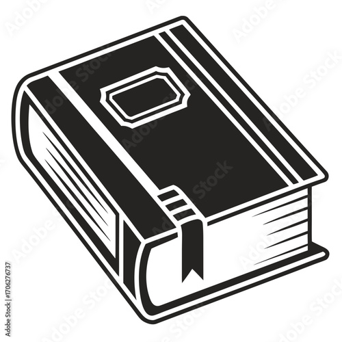 A stylized black and white illustration of a closed hardcover book with a bookmark peeking out from the pages representing knowledge and learning