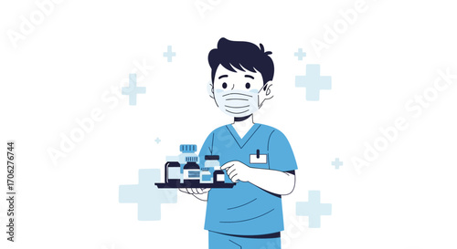 Medical Worker Holding Medicine Bottles Preparing Healthcare Operations During Pandemic Crisis