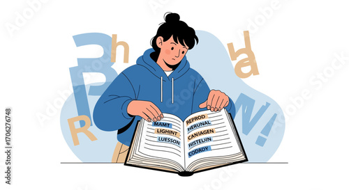 Person Reading Textbook with Abstract Letters in the Background and Focus on Learning