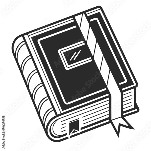 A closed hardbound book with a ribbon bookmark and a smaller bookmark peeking out from the pages presented in a simple clean black and white graphic illustration style