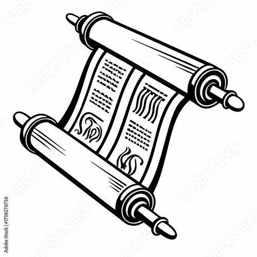 An ancient black and white line art illustration of a rolled scroll with visible text and decorative elements on a white background