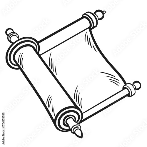 An ancient scroll unrolled with detailed illustrations on a white background symbolizing history knowledge and tradition