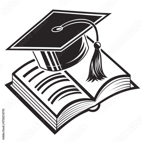 Symbolic illustration of a graduation cap resting on an open book representing academic achievement knowledge and the pursuit of education