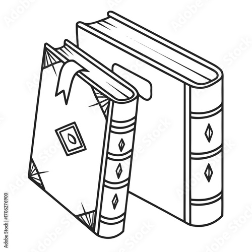 Two vintage books with decorative elements and a bookmark stand side by side on a white background representing knowledge and learning
