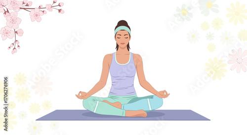 Meditating Woman in Lotus Position Surrounded by Floral Bloom and Gentle Imagery