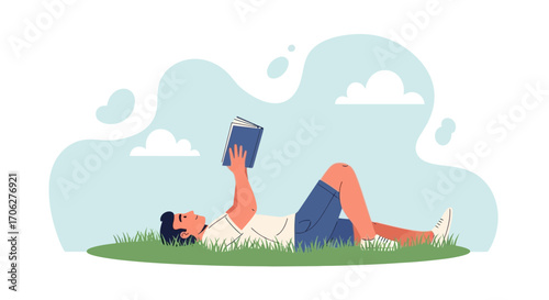 Person Relaxing While Reading Book Underneath Sky Of Clouds On Green Grass