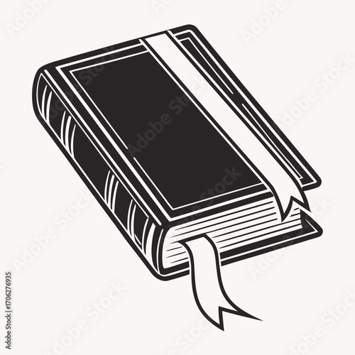 A classic black and white illustration of an open hardcover book with a bookmark peeking out from its pages symbolizing knowledge and learning