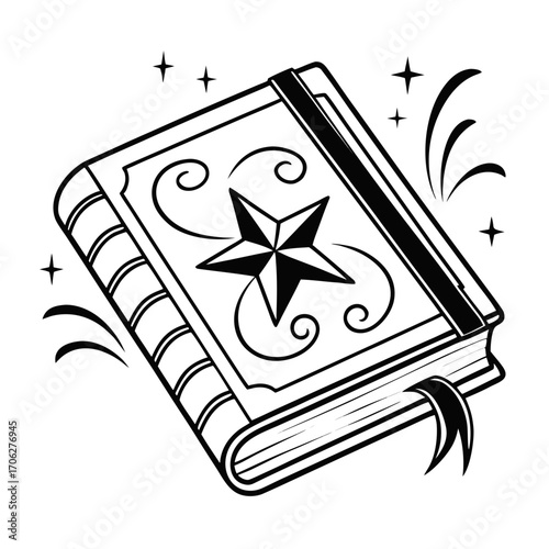 Mystical spellbook with star emblem and magical sparkles emanating from its pages and cover design