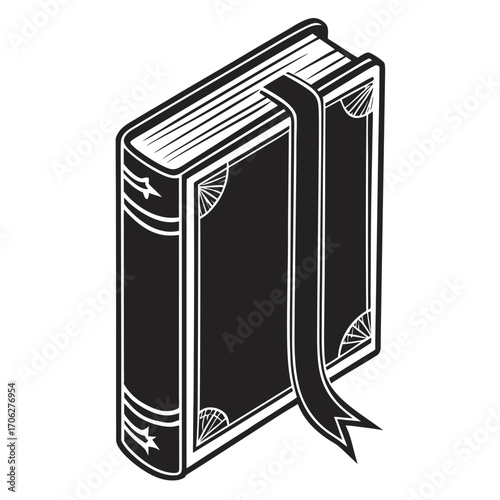 Classic black and white illustration of an open hardcover book with a ribbon bookmark presented in a clean isometric perspective symbolizing knowledge and learning