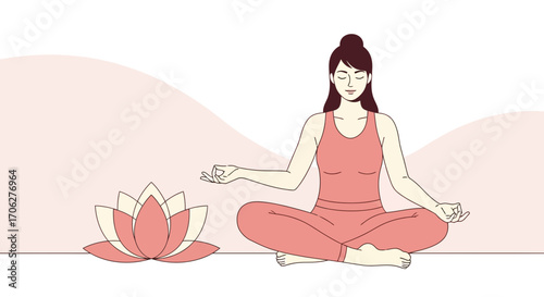 Meditative Harmony: Illustration of Yoga Practice with Lotus Blossom and Peaceful Scene