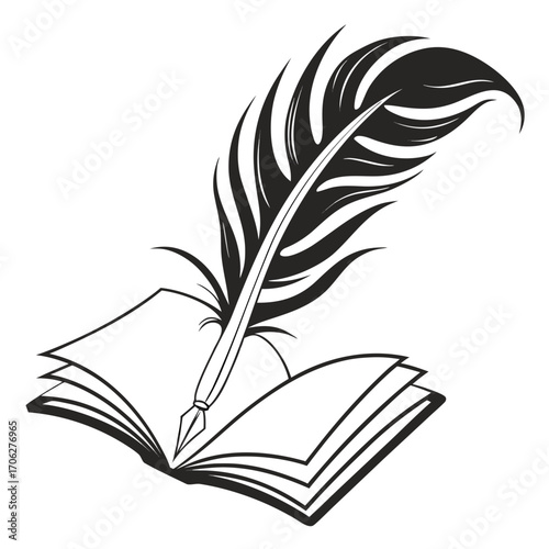 A classic quill pen poised to write on an open book symbolizing literature writing education and creativity in a simple black and white illustration