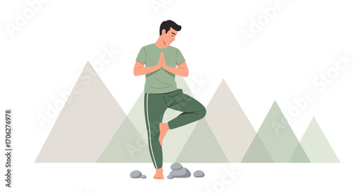 Meditative Exercise Demonstrates Tranquility And Body Balance, Connecting Outdoors With Nature