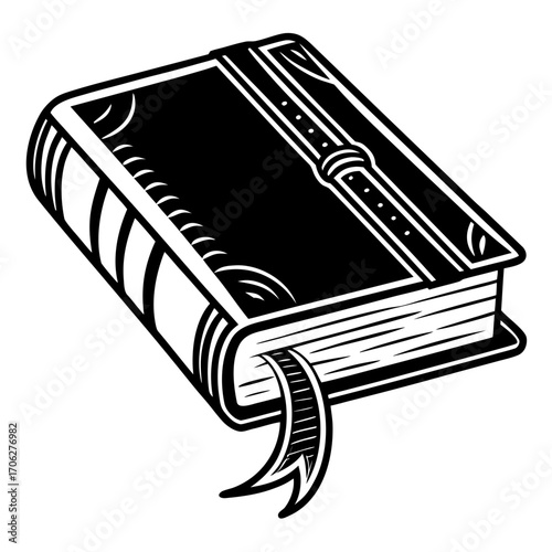 A classic black and white illustration of a closed hardcover book with a ribbon bookmark peeking out from its pages