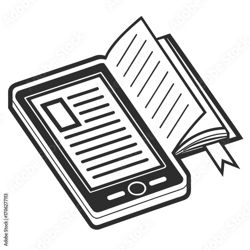 Modern digital e reader device displaying an open book with text and a bookmark seamlessly blending traditional reading with technological advancement