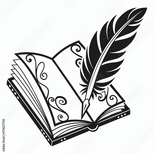 An open book with decorative swirls on its pages and a quill pen poised above it symbolizing writing and literature