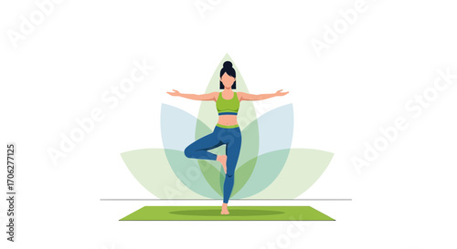 Meditative Woman Performing Tree Pose on Yoga Mat in Peaceful Illustration