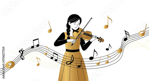 Melodic Musician Playing Violin Surrounded by Animated, Stylish Musical Notes Design
