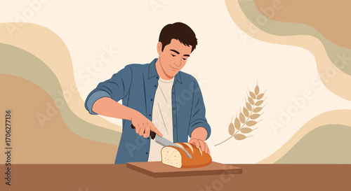 Person Slicing Bread on Wooden Board: A Culinary Illustration in Modern Flat Design Style