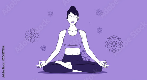 Meditative Young Lady In Yoga Pose With Purple Background And Floral Designs