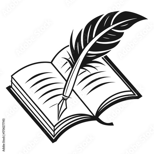 Classic open book with a quill pen poised above its pages symbolizing writing literature education and the art of storytelling in a timeless black and white illustration