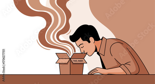 Person Smelling Fresh Takeaway from a Box, Drawn with Soft Beige Toned Colors